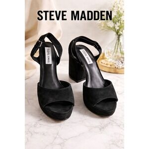 STEVE MADDEN Black Platform Block Heel Sandals Ankle Strap Women's Chic Size 5.5